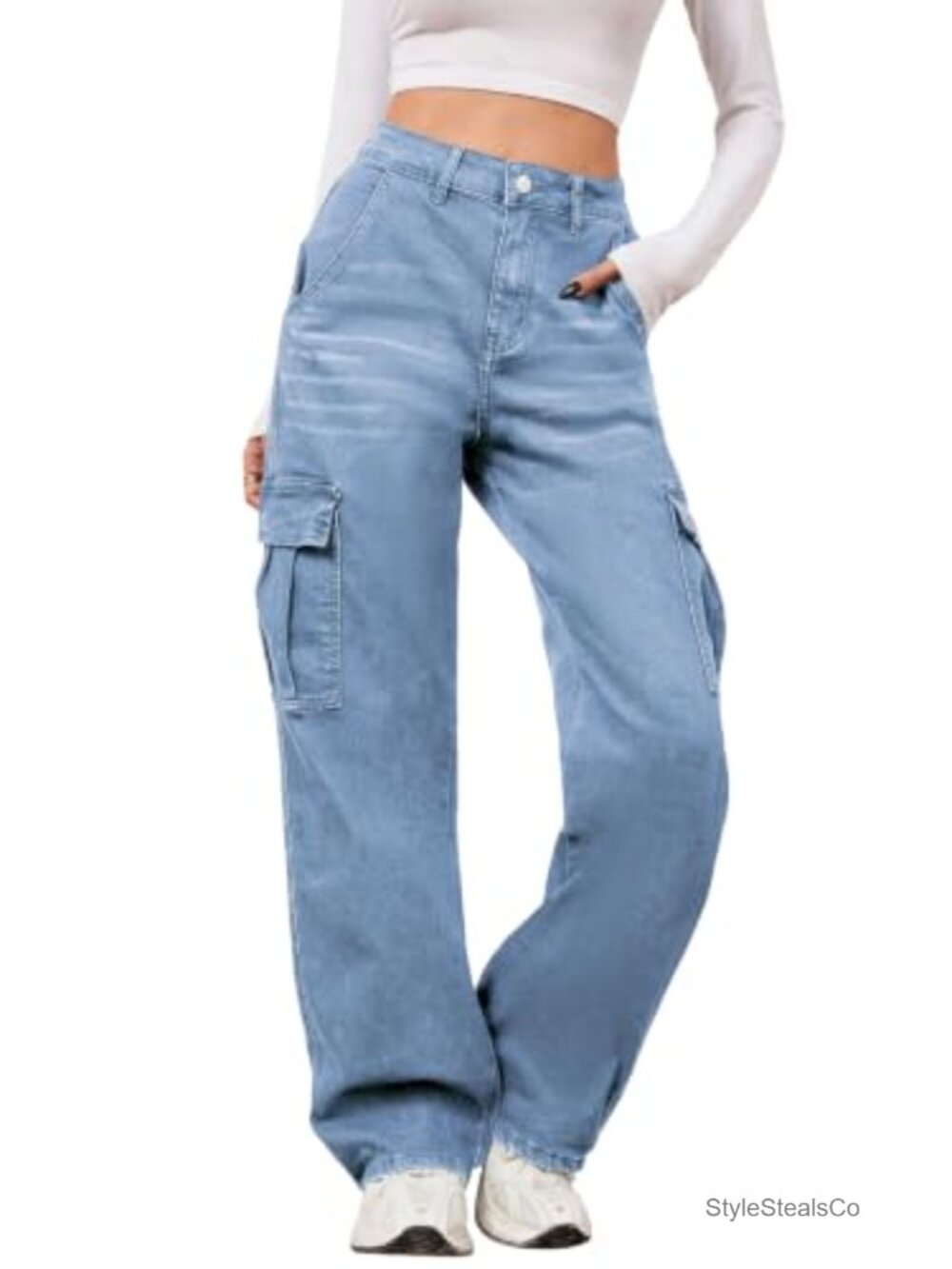 High Waisted Wide Leg Baggy Cargo Jeans Stretchy Denim Pants